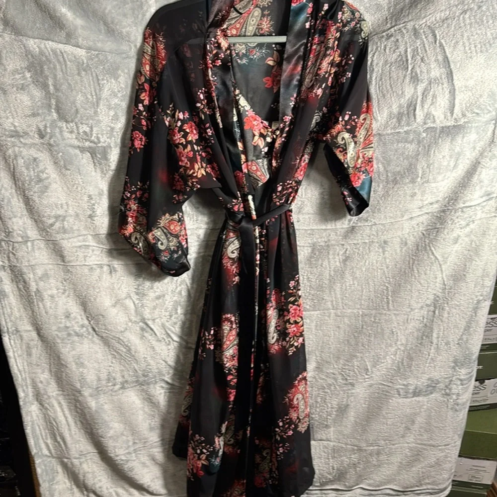 slip nightgown dress matching robe floral black size 10/12 m Y2K romantic nighty